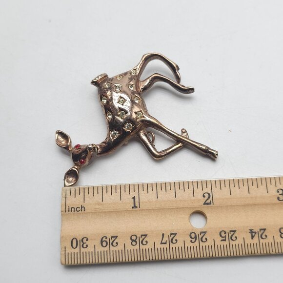 Vintage Copper Fawn Deer Brooch With Rhinestones Red Eyes LOOK AT ALL PICS - Picture 6 of 6